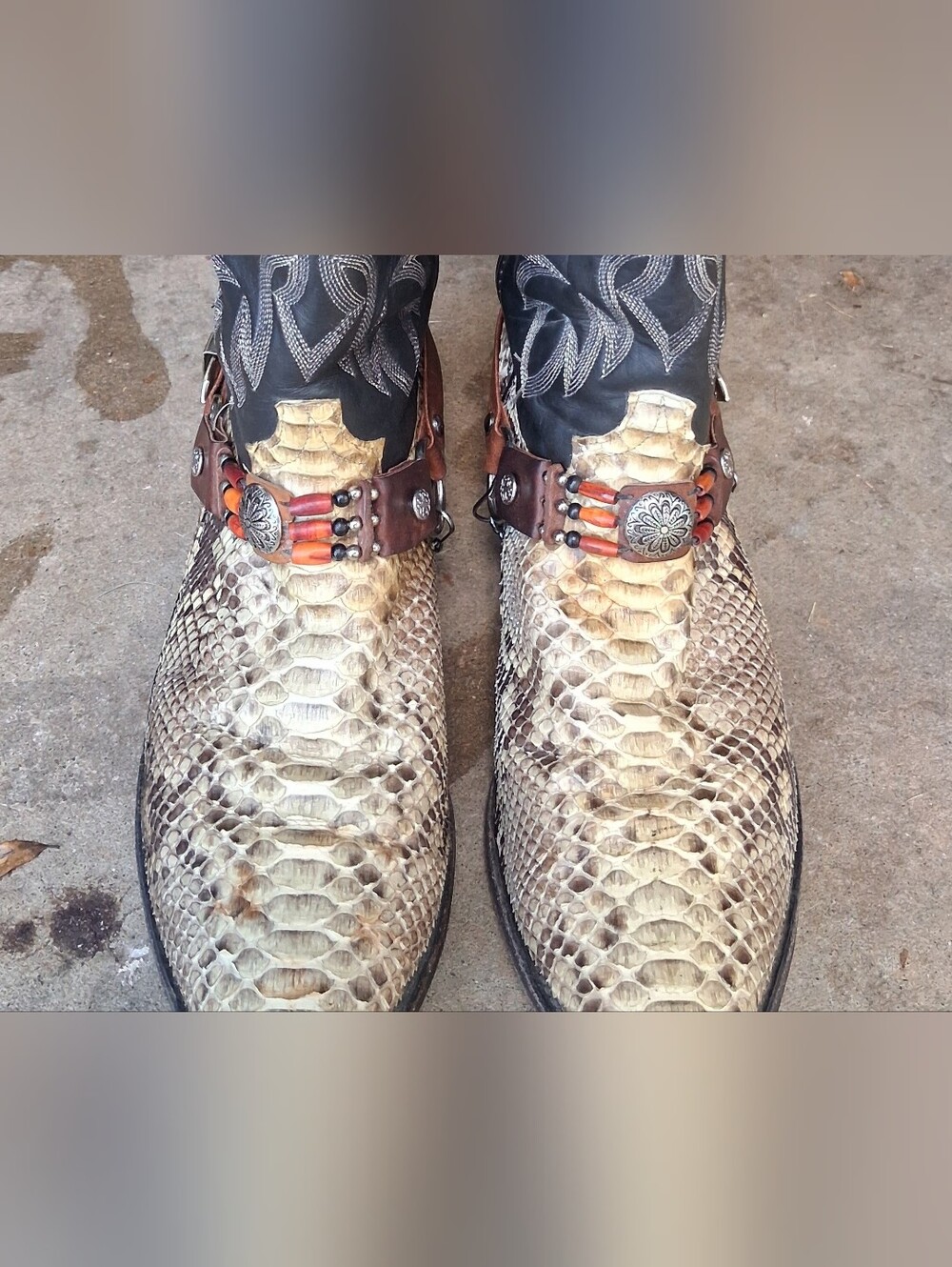 Men's Python-Texture Western Boots with Leather Harness - Cream/Brown